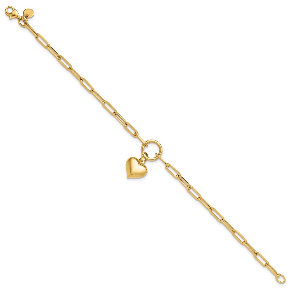 10K Polished Puff Heart Paper Clip Link Bracelet - 1 10K Polished Puff Heart Paper Clip Link Bracelet - 1