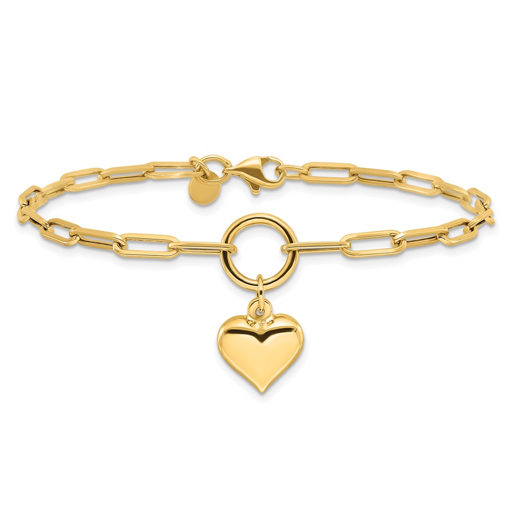 10K Polished Puff Heart Paper Clip Link Bracelet - 2 10K Polished Puff Heart Paper Clip Link Bracelet - 2