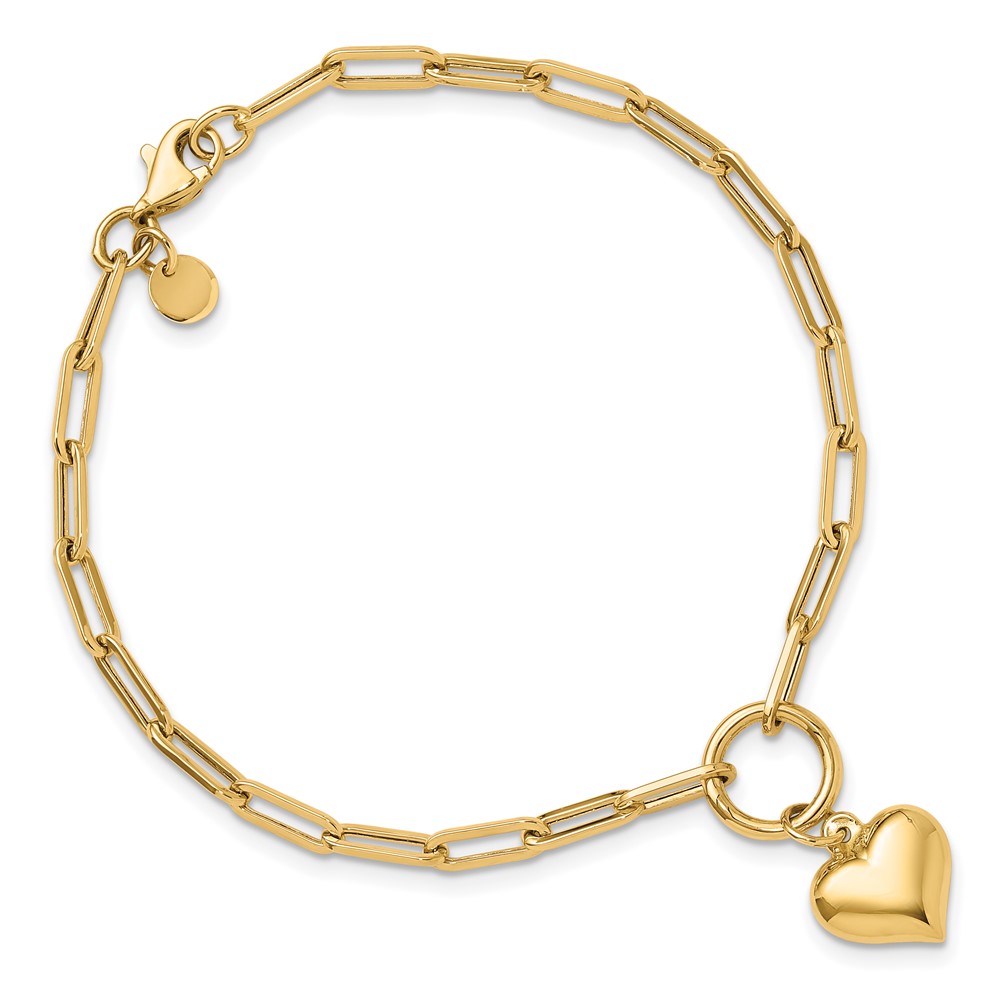 10K Polished Puff Heart Paper Clip Link Bracelet - 3 10K Polished Puff Heart Paper Clip Link Bracelet - 3