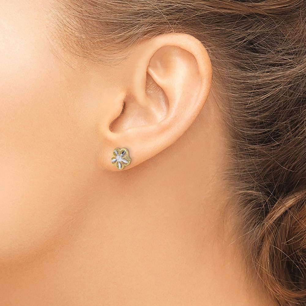 10K w/Rhodium Diamond-cut Flower Post Earrings - 3