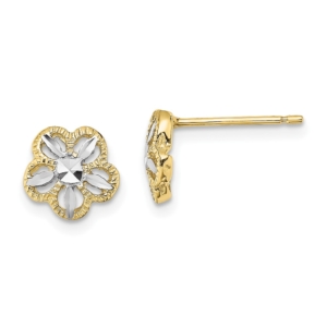 10K w/Rhodium Diamond-cut Flower Post Earrings - 0