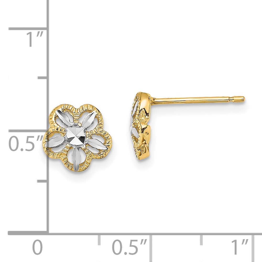 10K w/Rhodium Diamond-cut Flower Post Earrings - 2