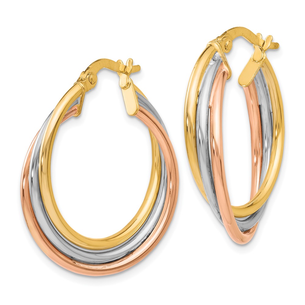 10K Tri-color Polished and Textured Twisted Hoop Earrings - 1