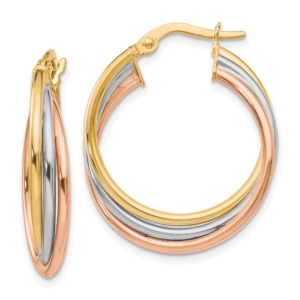 10K Tri-color Polished and Textured Twisted Hoop Earrings - 0