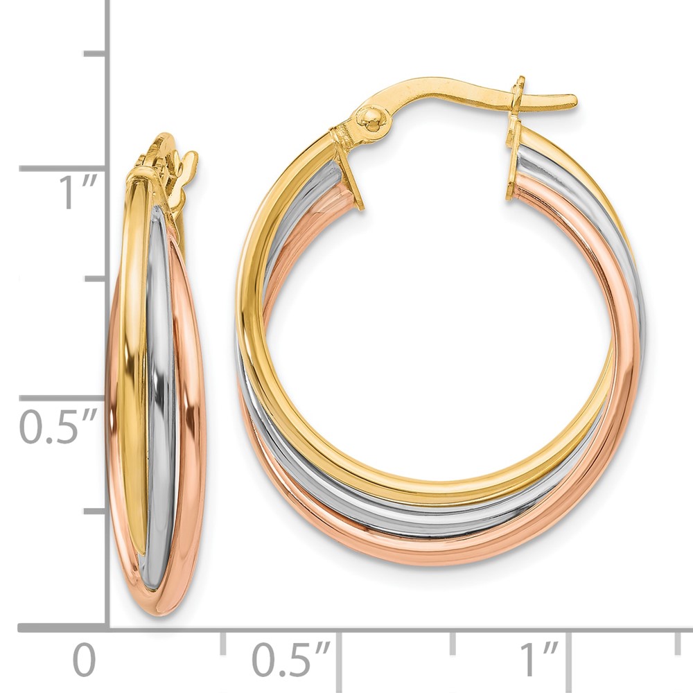 10K Tri-color Polished and Textured Twisted Hoop Earrings - 3