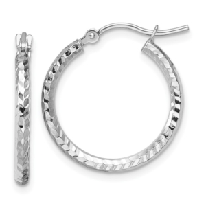 10k White Gold Diamond-cut 2mm Round Tube Hoop Earrings - 0