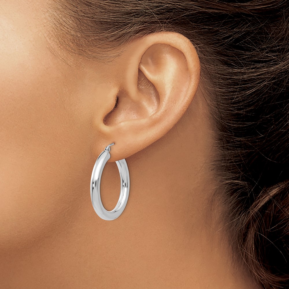 10K White Gold Polished 4mm Tube Hoop Earrings - 2