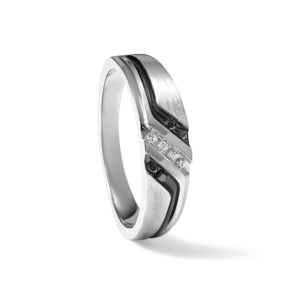 IBGoodman 14k White Gold 1/8 carat Lab Grown Diamond VS/SI+ G+ and 1/8 carat Black Mined Diamonds Complete Polished Satin and Grooved Men's Ring - 8