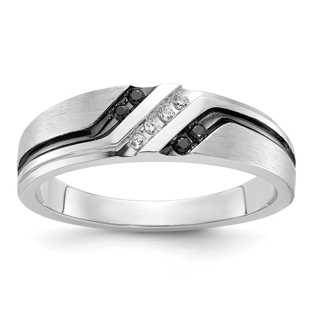 IBGoodman 14k White Gold 1/8 carat Lab Grown Diamond VS/SI+ G+ and 1/8 carat Black Mined Diamonds Complete Polished Satin and Grooved Men's Ring - 0