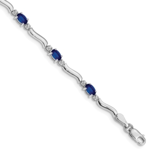 14k White Gold Complete Diamond and Oval Sapphire Wavy Link 7 inch Bracelet - 0