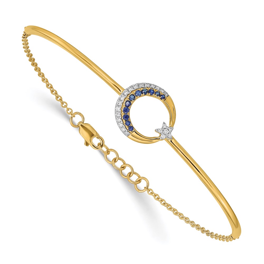 14k Moon and Star Complete 1/8 carat Diamond and Sapphire Half-Bangle 7 inch Bracelet with 0.5 inch Extender - 2 14k Moon and Star Complete 1/8 carat Diamond and Sapphire Half-Bangle 7 inch Bracelet with 0.5 inch Extender - 2