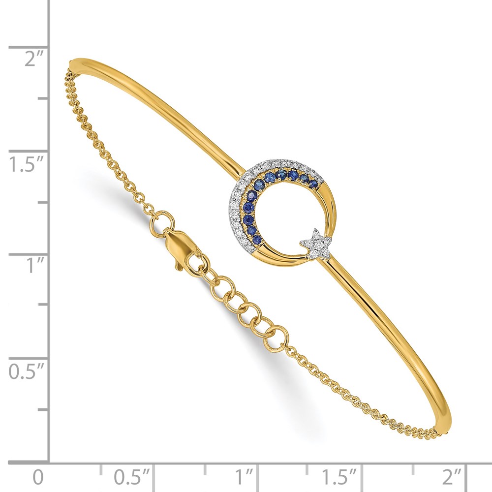 14k Moon and Star Complete 1/8 carat Diamond and Sapphire Half-Bangle 7 inch Bracelet with 0.5 inch Extender - 3 14k Moon and Star Complete 1/8 carat Diamond and Sapphire Half-Bangle 7 inch Bracelet with 0.5 inch Extender - 3