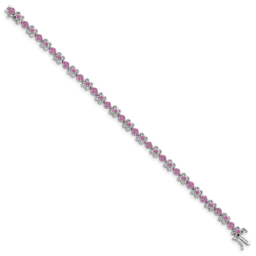 14k White Gold Complete Lab Created Pink Sapphire Flowers 7 inch Bracelet - 1 14k White Gold Complete Lab Created Pink Sapphire Flowers 7 inch Bracelet - 1