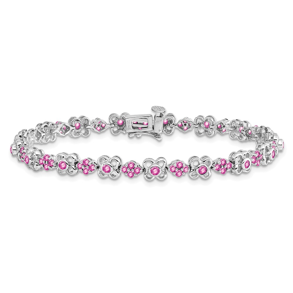 14k White Gold Complete Lab Created Pink Sapphire Flowers 7 inch Bracelet - 2 14k White Gold Complete Lab Created Pink Sapphire Flowers 7 inch Bracelet - 2