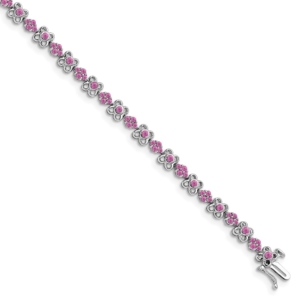 14k White Gold Complete Lab Created Pink Sapphire Flowers 7 inch Bracelet - 0