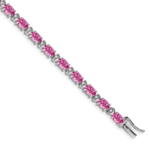 14k White Gold Complete Lab Created Oval Pink Sapphire and Diamond 7 inch Bracelet - 0