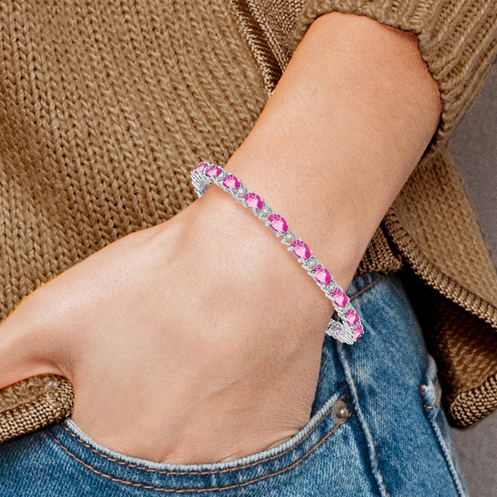 14k White Gold Complete Lab Created Oval Pink Sapphire and Diamond 7 inch Bracelet - 4 14k White Gold Complete Lab Created Oval Pink Sapphire and Diamond 7 inch Bracelet - 4