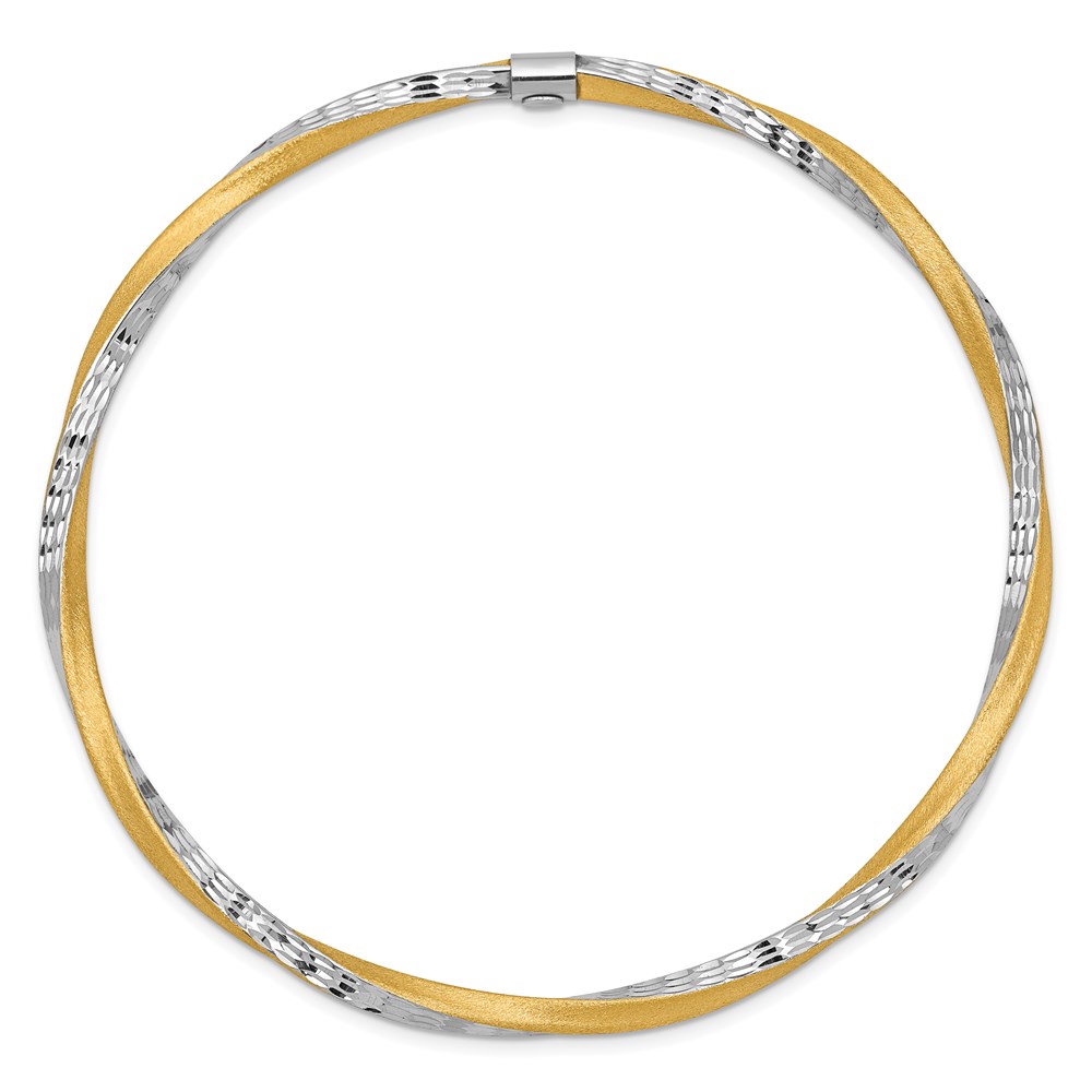 14k and White Rhodium Satin Finish Diamond-cut Twist 3.00mm Slip-on Round Bangle Bracelet - 1