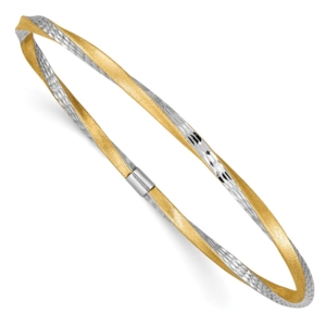 14k and White Rhodium Satin Finish Diamond-cut Twist 3.00mm Slip-on Round Bangle Bracelet - 0