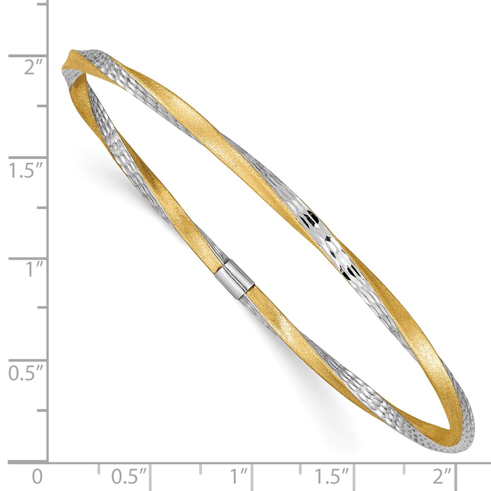 14k and White Rhodium Satin Finish Diamond-cut Twist 3.00mm Slip-on Round Bangle Bracelet - 2