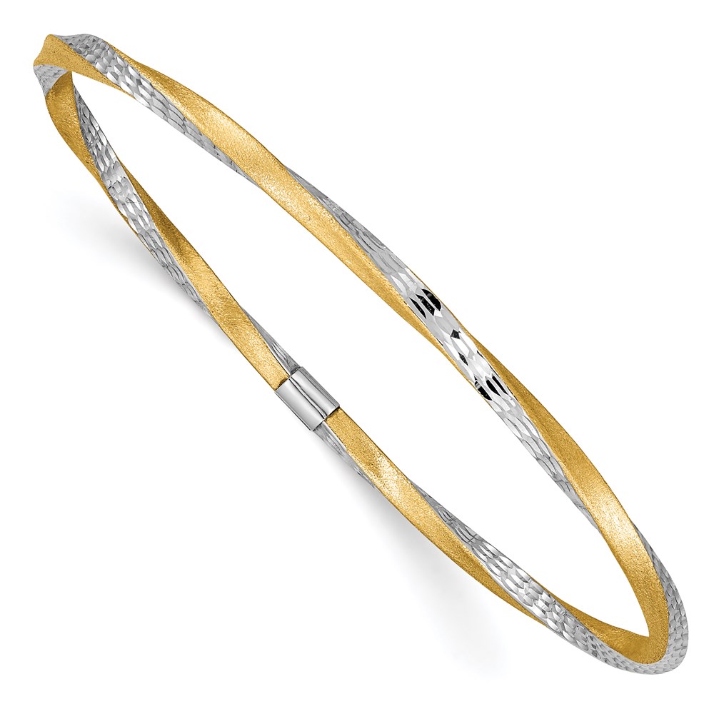 14k and White Rhodium Satin Finish Diamond-cut Twist 3.00mm Slip-on Round Bangle Bracelet - 0