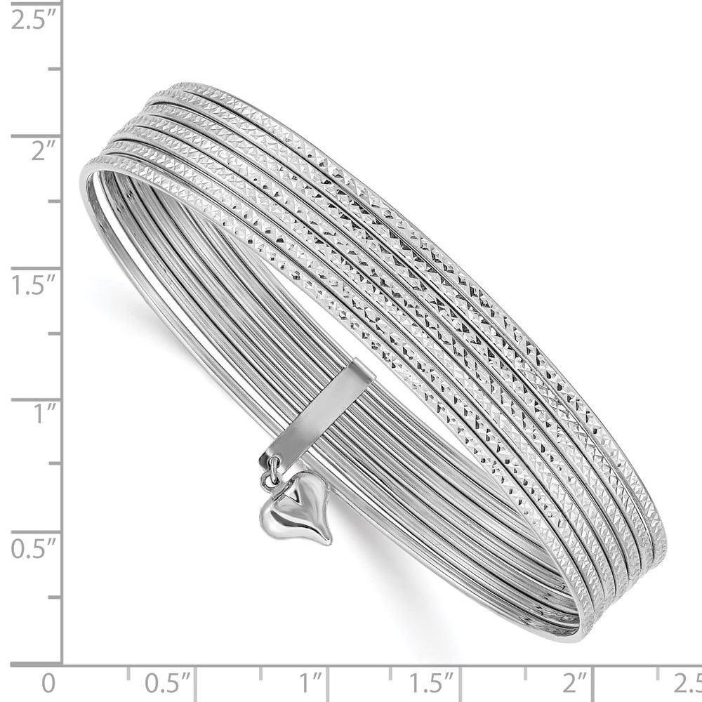 14K Oversize White Gold Polished and Textured with Dangle Heart 7-Strand 11.00mm Slip-on Round Bangle Bracelet - 1