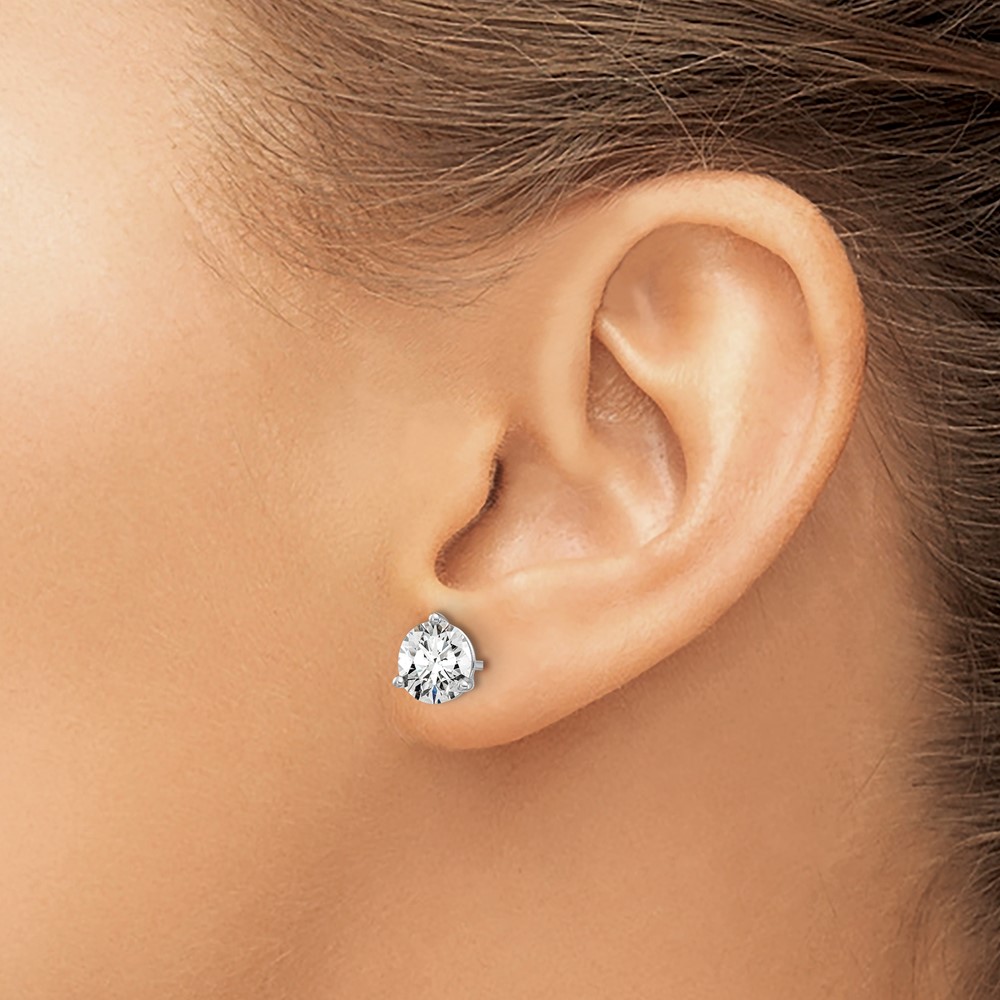 14k White Gold 2 1/2 carat Lab Grown Diamond VS+ F+ Round Complete Three Prong Stud Earrings - 2