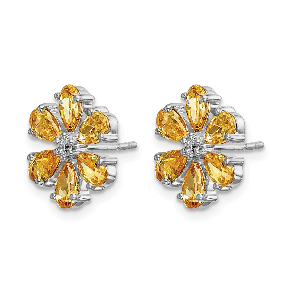 14k White Gold Diamond and Pear Citrine Flower Post Earrings - 1