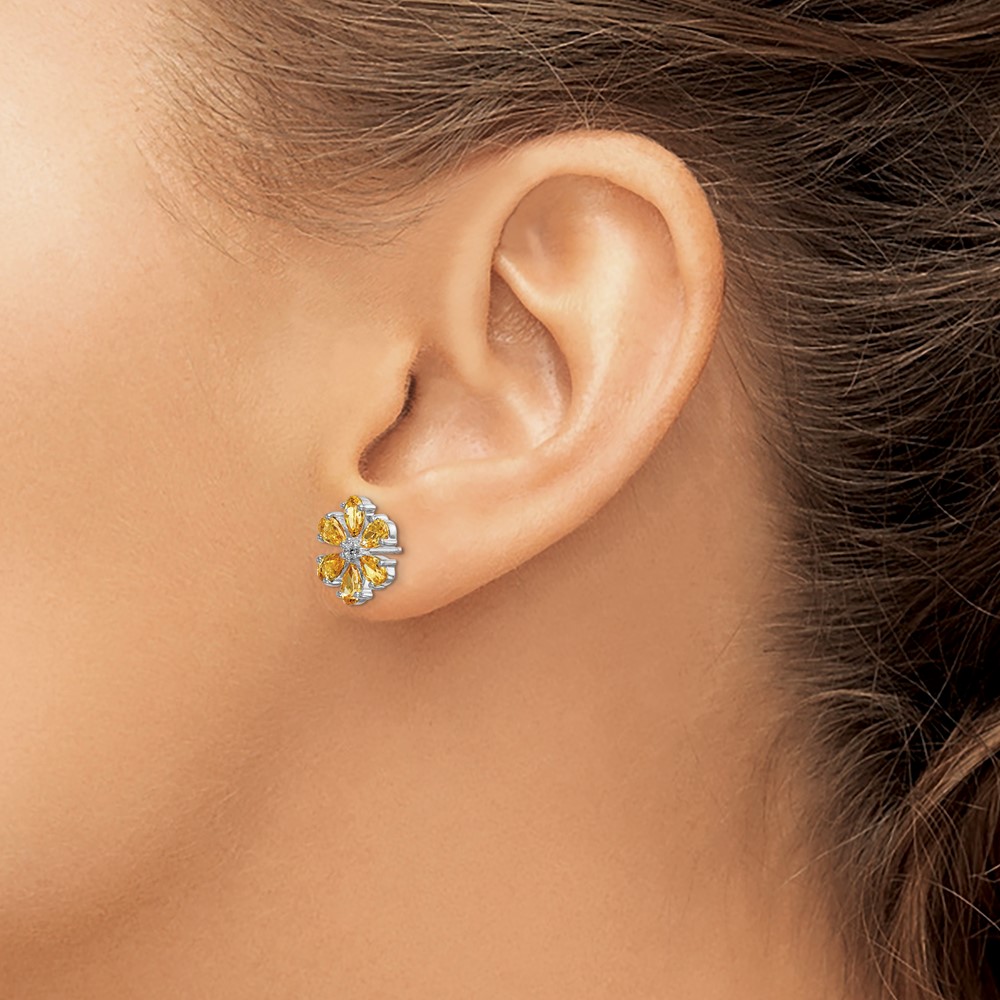 14k White Gold Diamond and Pear Citrine Flower Post Earrings - 2