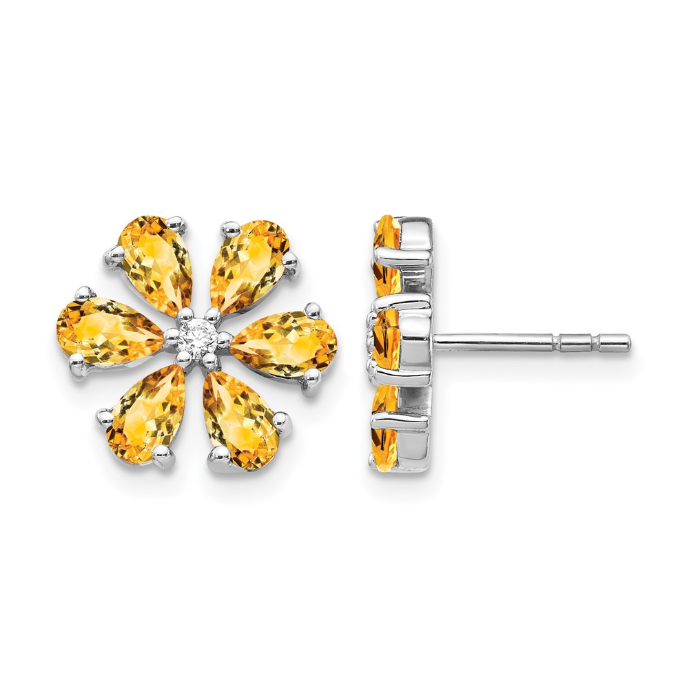 14k White Gold Diamond and Pear Citrine Flower Post Earrings - 0