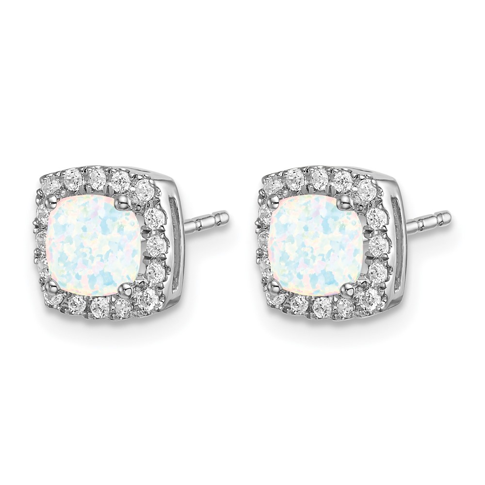 14k White Gold 5mm Cushion Lab Created Opal and Diamond Square Halo Post Earrings - 1