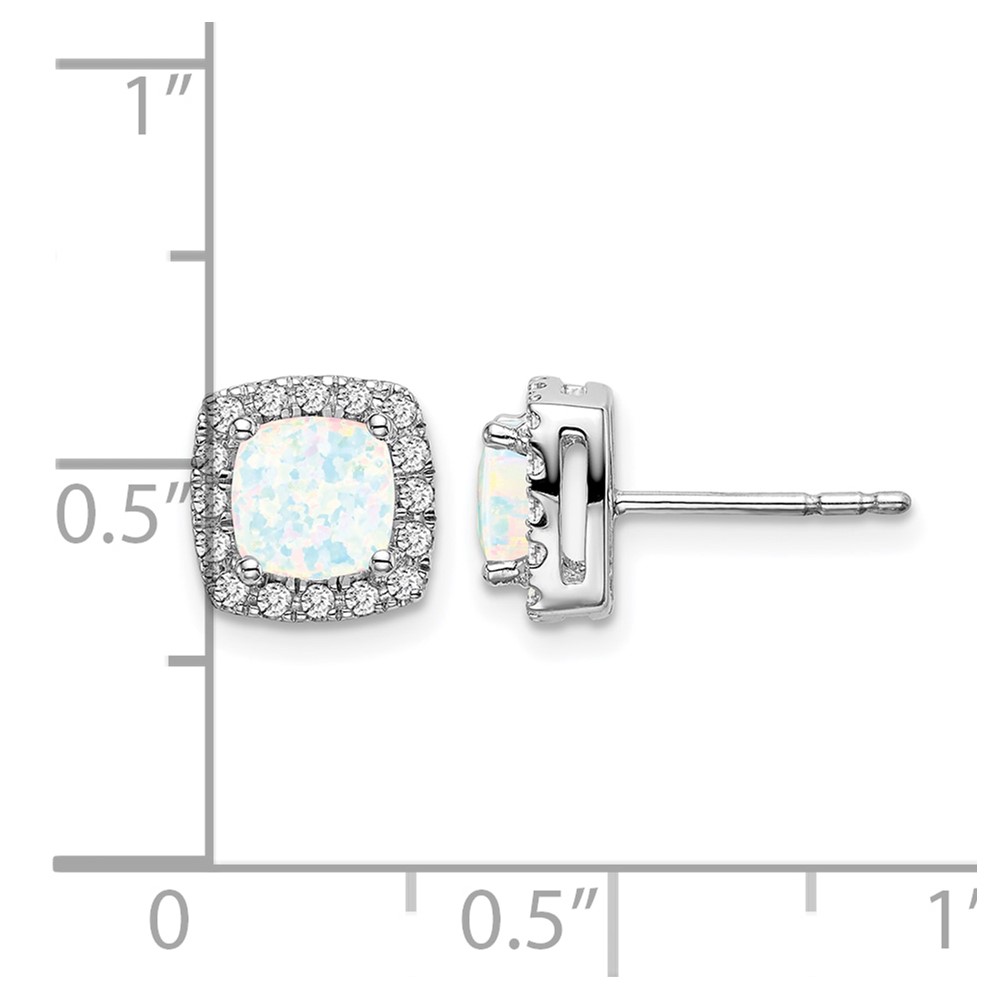 14k White Gold 5mm Cushion Lab Created Opal and Diamond Square Halo Post Earrings - 3