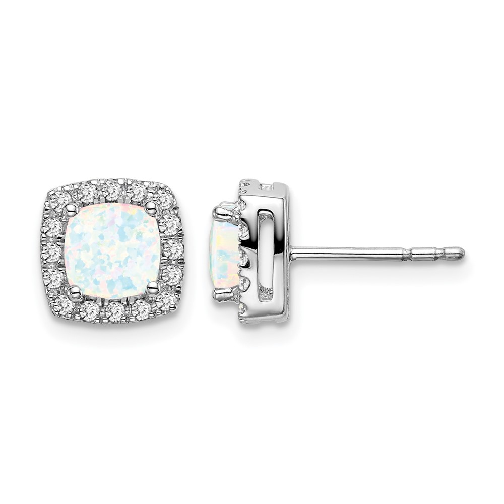 14k White Gold 5mm Cushion Lab Created Opal and Diamond Square Halo Post Earrings - 0