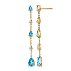 14k Pear Blue Topaz and White Topaz Dangle Chain Post Earrings - 0
