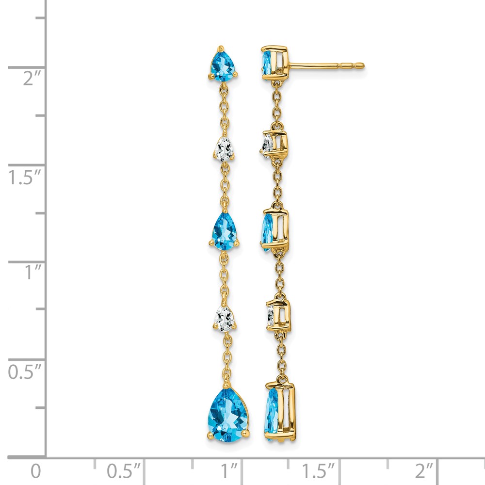 14k Pear Blue Topaz and White Topaz Dangle Chain Post Earrings - 3