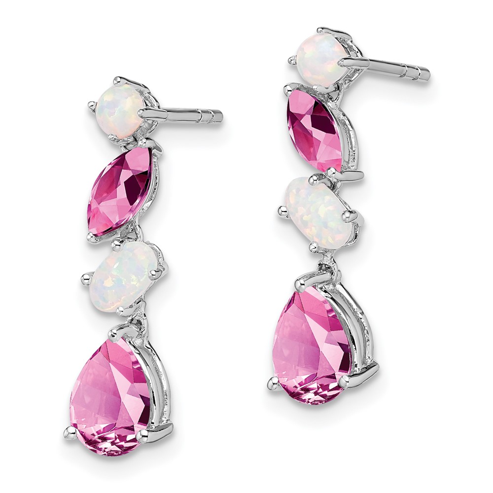 14k White Gold Lab Created Pink Sapphire and Opal Dangle Post Earrings - 1 14k White Gold Lab Created Pink Sapphire and Opal Dangle Post Earrings - 1
