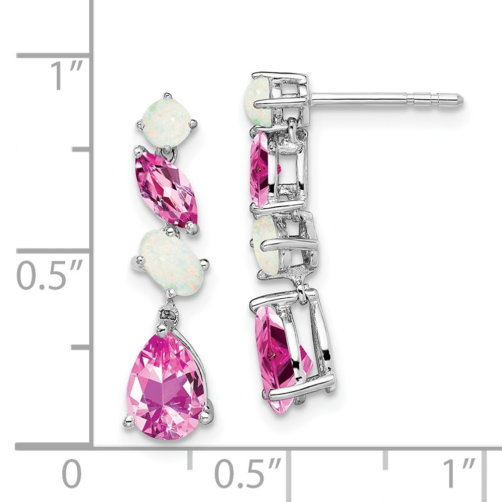 14k White Gold Lab Created Pink Sapphire and Opal Dangle Post Earrings - 3 14k White Gold Lab Created Pink Sapphire and Opal Dangle Post Earrings - 3