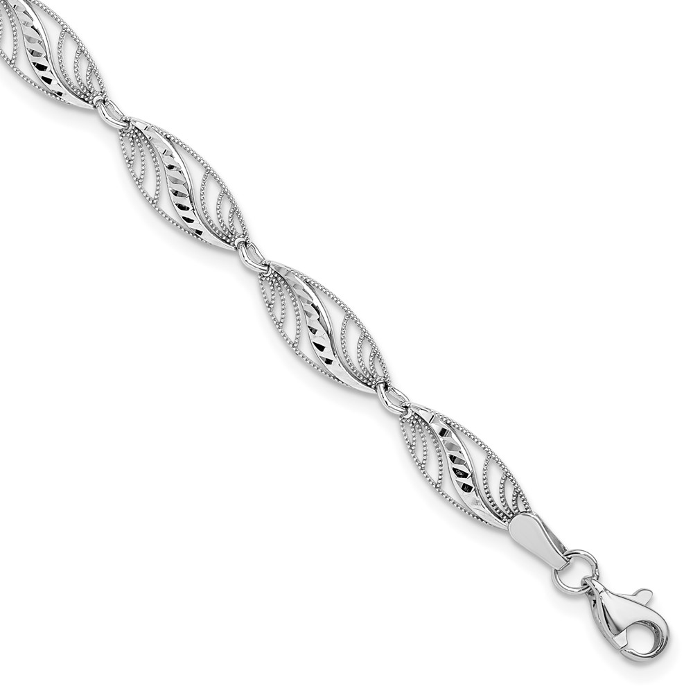 14k White Gold Oval Filigree Diamond-cut 7.25 inch Bracelet - 0