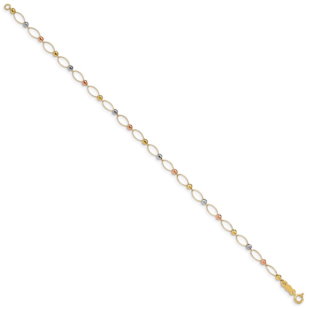 14K Tri-color Oval Link with Mirror Beads 7 inch Bracelet - 1