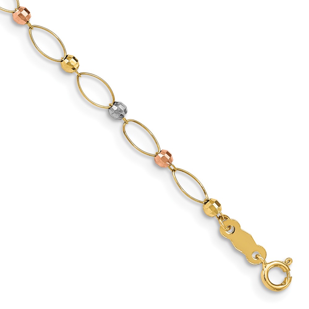 14K Tri-color Oval Link with Mirror Beads 7 inch Bracelet - 0