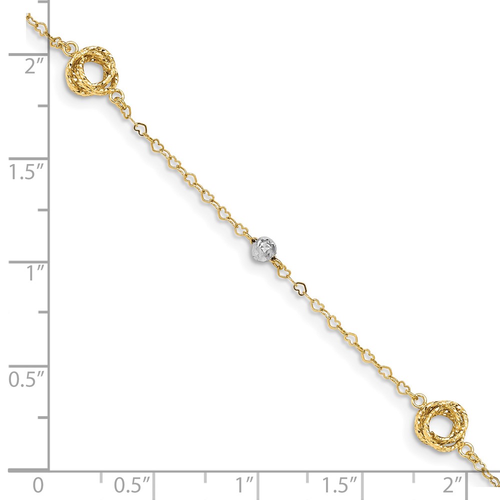 14k Two-tone Love Knots and Beads on Small Heart Link 7.5 inch Bracelet - 2