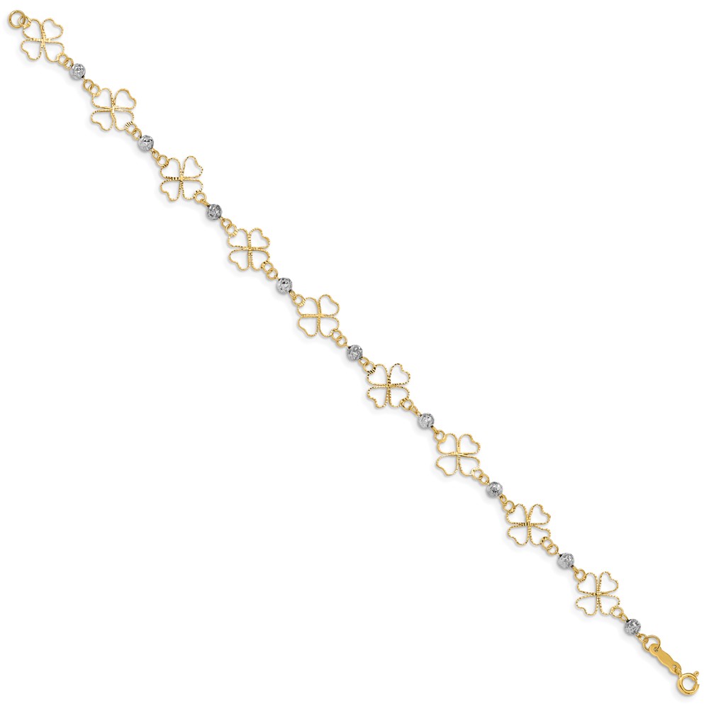 14k Two-tone Diamond-cut Open 4-Leaf Clovers and Beads 7.5 inch Bracelet - 1