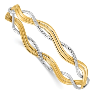14K w/Rhodium Polished and Dia-cut Braided Slip-On Bangle - 0