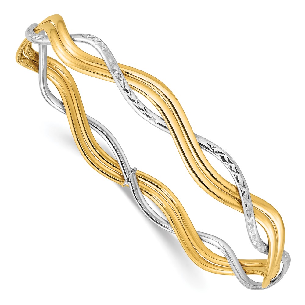 14K w/Rhodium Polished and Dia-cut Braided Slip-On Bangle - 0
