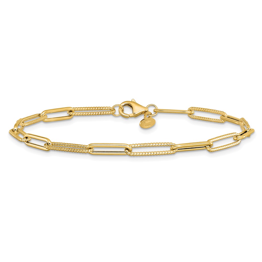 14K Polished and Textured Paperclip Link Bracelet - 2 14K Polished and Textured Paperclip Link Bracelet - 2