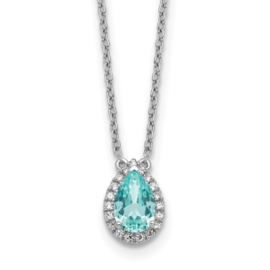 Pure Serenity 14k White Gold 1/6 carat Lab Grown Diamond VS/SI+ G+ and Lab Created Paraiba 18 inch Oval Halo Pendant Necklace - 0