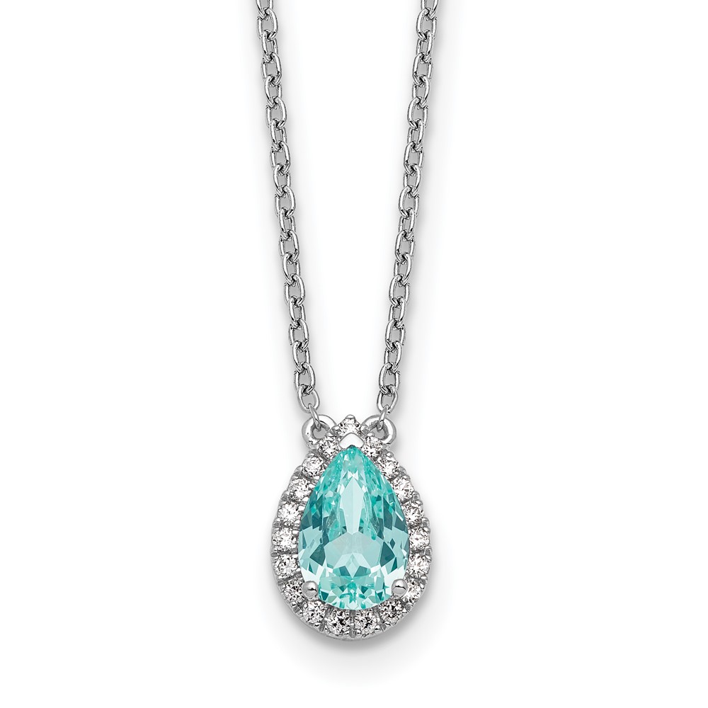 Pure Serenity 14k White Gold 1/6 carat Lab Grown Diamond VS/SI+ G+ and Lab Created Paraiba 18 inch Oval Halo Pendant Necklace - 0