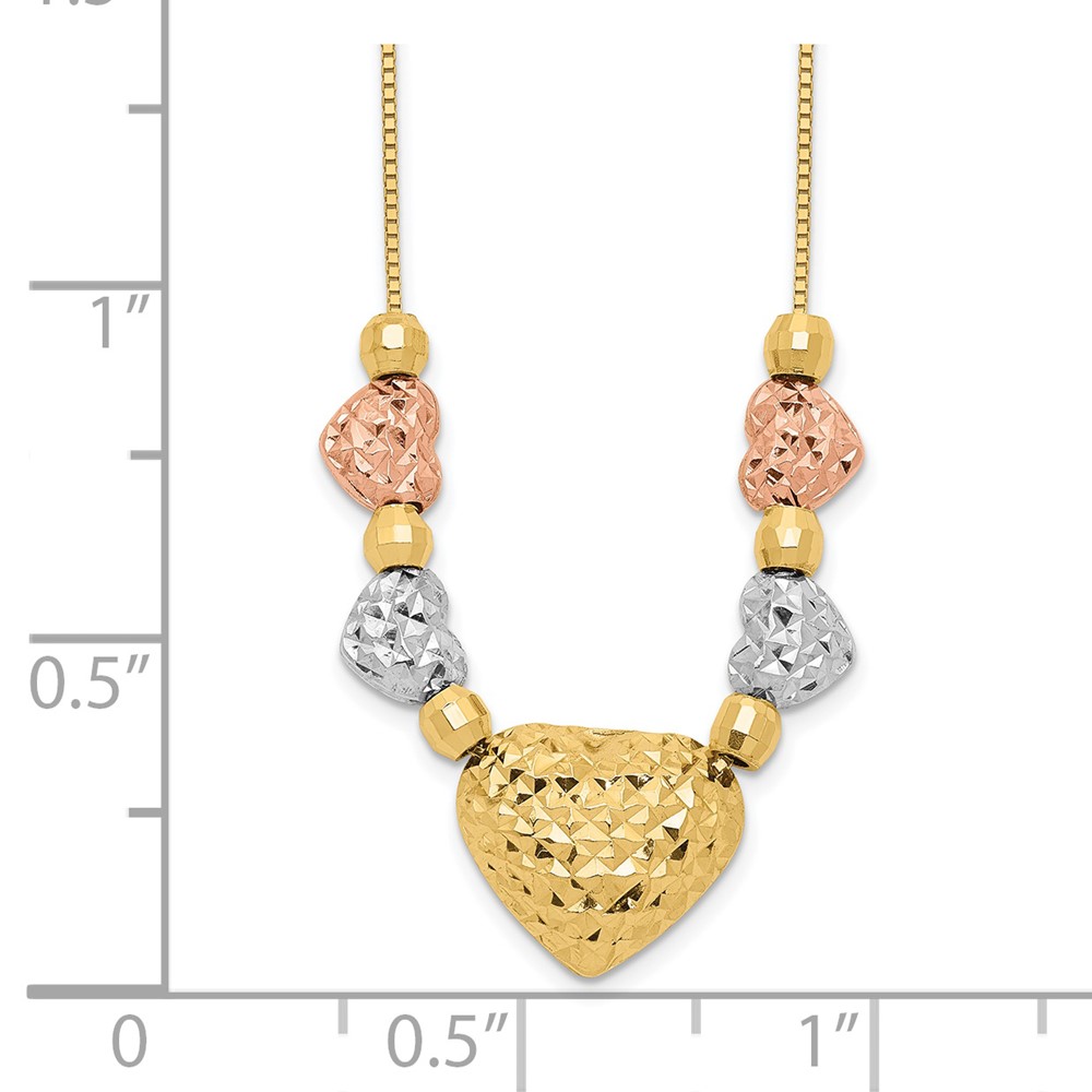 14k Tri-color Textured Puffed and Flat Hearts and Beads 18 inch Necklace - 2