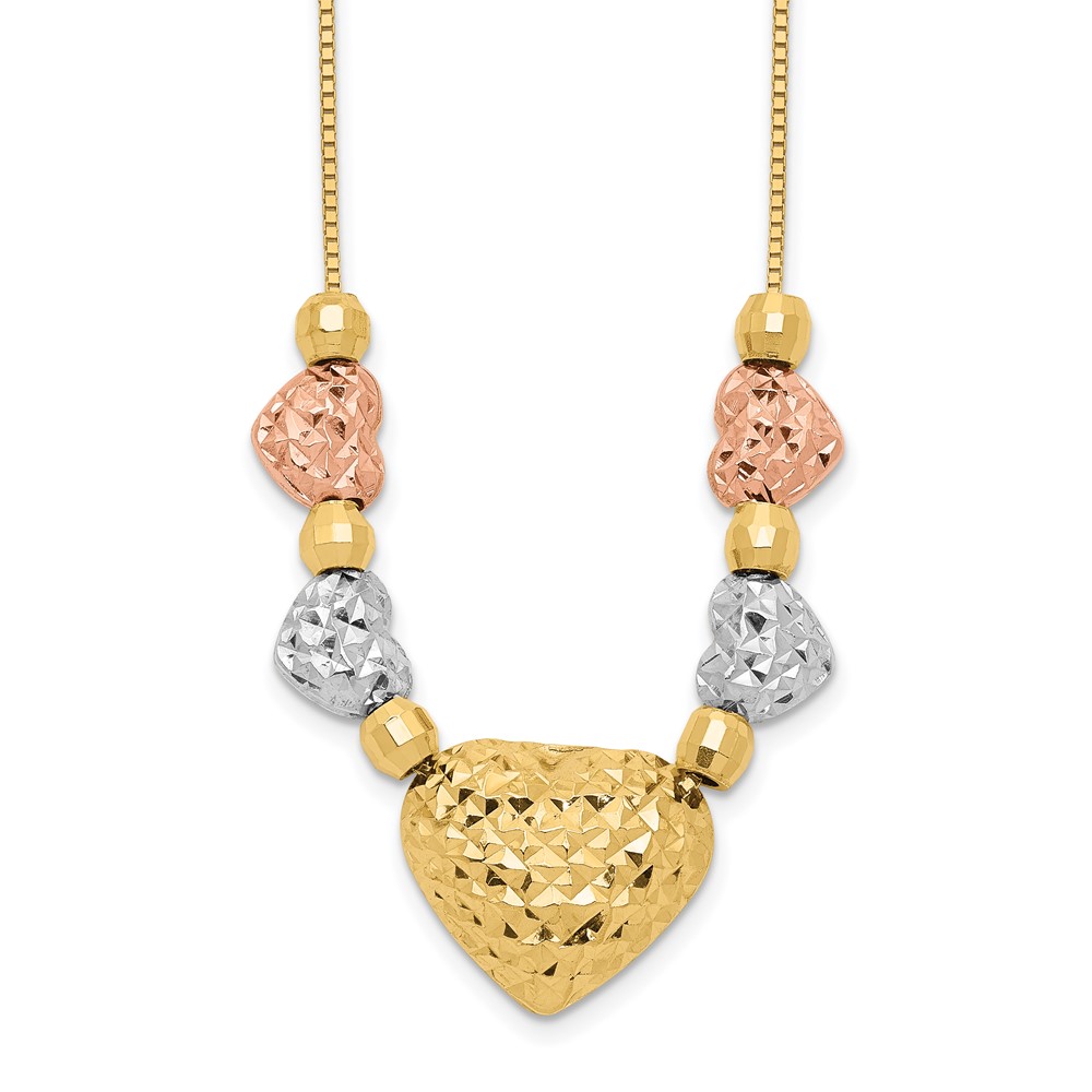 14k Tri-color Textured Puffed and Flat Hearts and Beads 18 inch Necklace - 0