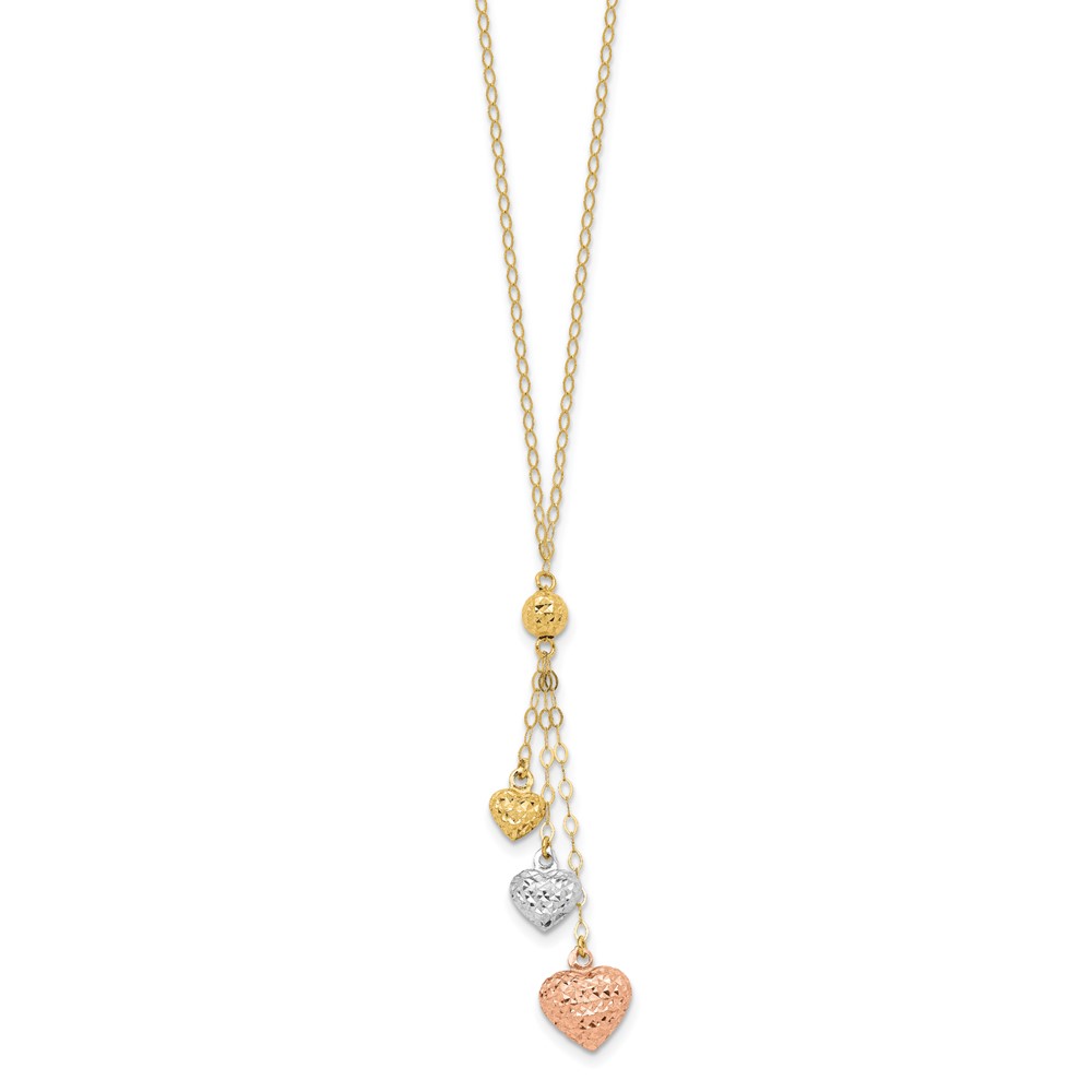 14k Tri-color Three Puffed Hearts 16 inch Lariat Necklace Plus 2 inch Extender - 1